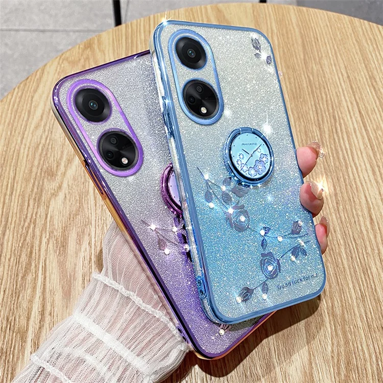 Capa de TPU com Glitter e Brilhantes KADEM Ring Kickstand para Oppo A98 5G - Padrão de Flor e Strass - Ouro Rosa
