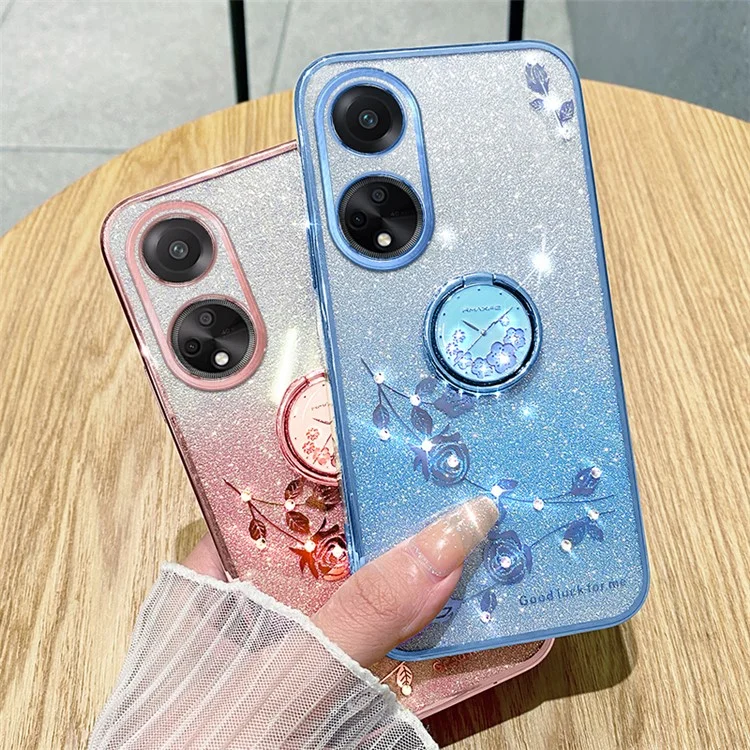 Capa de TPU com Glitter e Brilhantes KADEM Ring Kickstand para Oppo A98 5G - Padrão de Flor e Strass - Ouro Rosa
