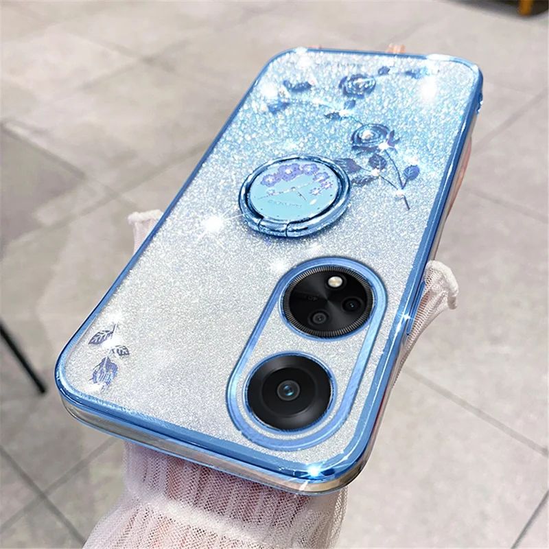 Custodia TPU con Anello Supporto e Brillantini KADEM per Oppo A98 5G, Copertura per Telefono con Fiore e Cristalli - Blu