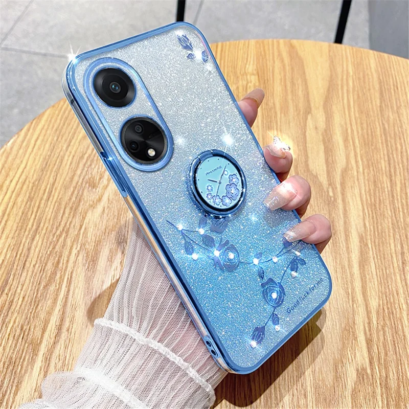 Custodia TPU con Anello Supporto e Brillantini KADEM per Oppo A98 5G, Copertura per Telefono con Fiore e Cristalli - Blu