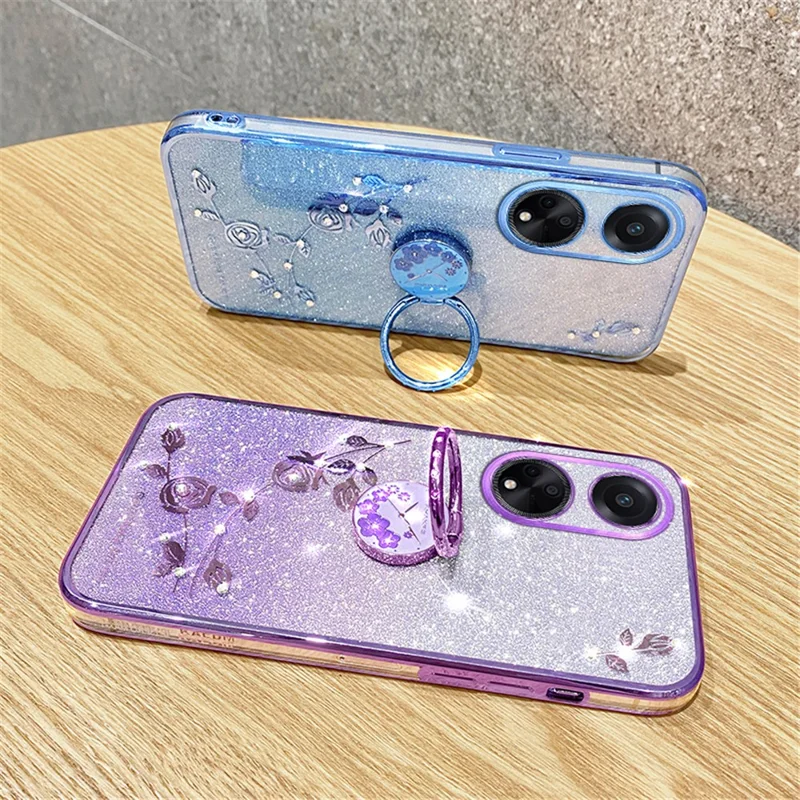 Custodia TPU con Anello Supporto e Brillantini KADEM per Oppo A98 5G, Copertura per Telefono con Fiore e Cristalli - Blu