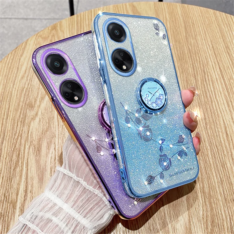 Custodia TPU con Anello Supporto e Brillantini KADEM per Oppo A98 5G, Copertura per Telefono con Fiore e Cristalli - Blu