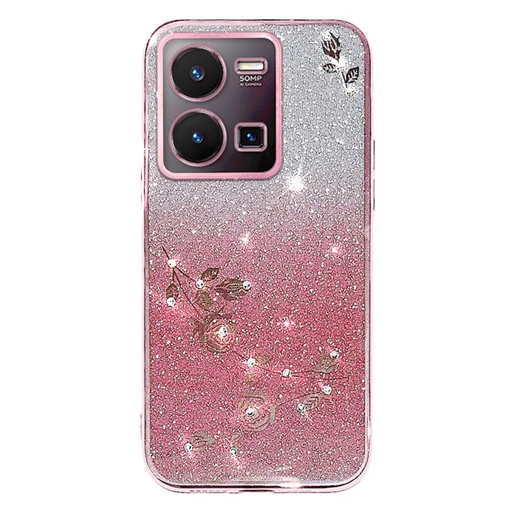 KADEM Per vivo Y35 4G (2022) Rhinestone Flower Gradient TPU Cover Glitter Anti-scratch Phone Case - Rose Gold