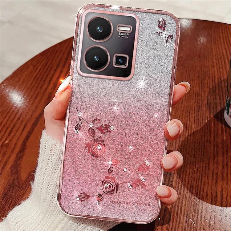 KADEM Per vivo Y35 4G (2022) Rhinestone Flower Gradient TPU Cover Glitter Anti-scratch Phone Case - Rose Gold