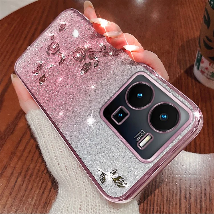 KADEM Per vivo Y35 4G (2022) Rhinestone Flower Gradient TPU Cover Glitter Anti-scratch Phone Case - Rose Gold