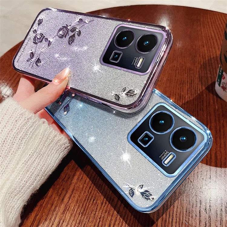 KADEM Per vivo Y35 4G (2022) Rhinestone Flower Gradient TPU Cover Glitter Anti-scratch Phone Case - Rose Gold