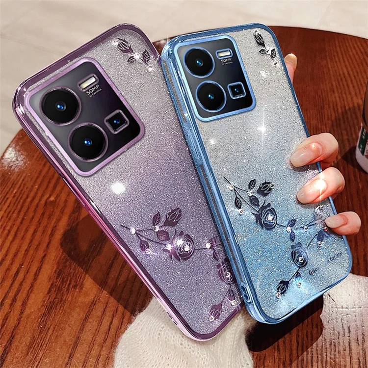 KADEM Per vivo Y35 4G (2022) Rhinestone Flower Gradient TPU Cover Glitter Anti-scratch Phone Case - Rose Gold