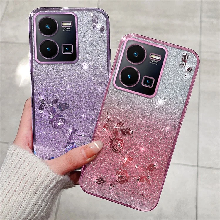 KADEM Per vivo Y35 4G (2022) Rhinestone Flower Gradient TPU Cover Glitter Anti-scratch Phone Case - Rose Gold