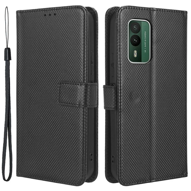 For Nokia XR21 Shockproof Wallet Phone Case PU Leather Diamond Texture Cover with Stand - Black