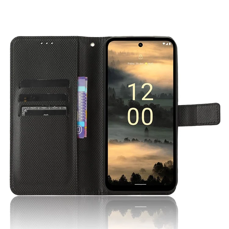 For Nokia XR21 Shockproof Wallet Phone Case PU Leather Diamond Texture Cover with Stand - Black