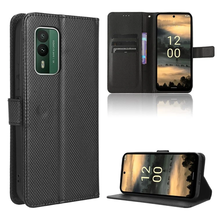 For Nokia XR21 Shockproof Wallet Phone Case PU Leather Diamond Texture Cover with Stand - Black