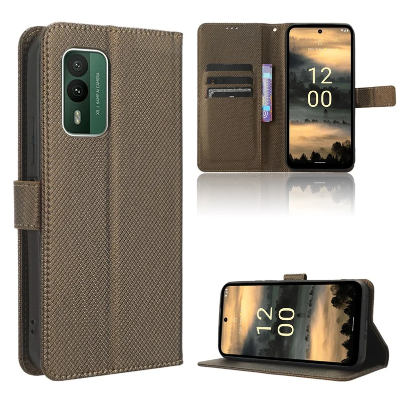 Voor Nokia XR21 Stootvaste Portemonnee Hoesje PU Leren Diamantstructuur Cover met Stand - Bruin
