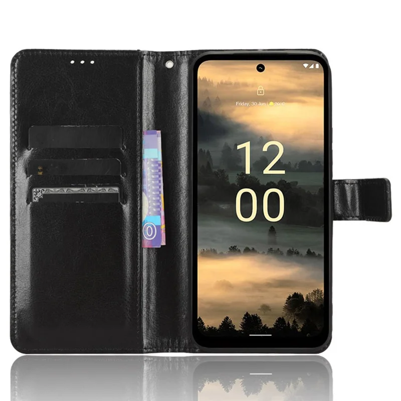 Voor Nokia XR21 Crazy Horse-structuur Stand Wallet Case PU-leer Antivalt-telefoonhoes - Zwart
