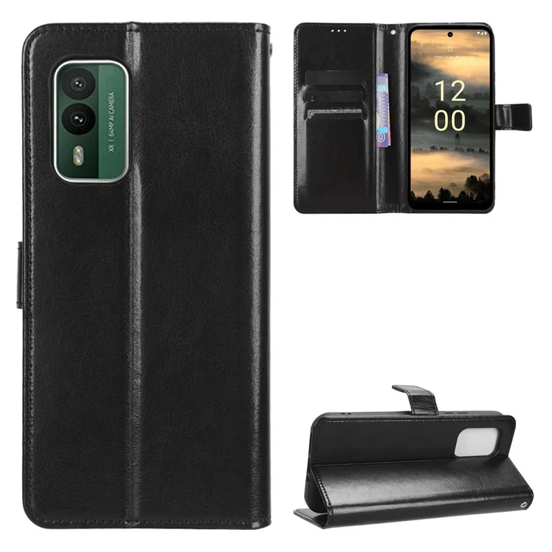 Voor Nokia XR21 Crazy Horse-structuur Stand Wallet Case PU-leer Antivalt-telefoonhoes - Zwart