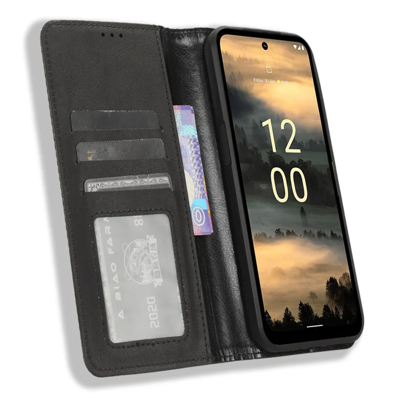 Para Nokia XR21 PU Leather Shockproof Shell Retro Stand Wallet Phone Case - Negro