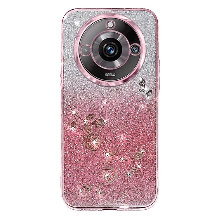 KADEM Gradient Phone Case for Realme 11 Pro+ 5G Glitter Rhinestone Flower TPU Cover - Rose Gold