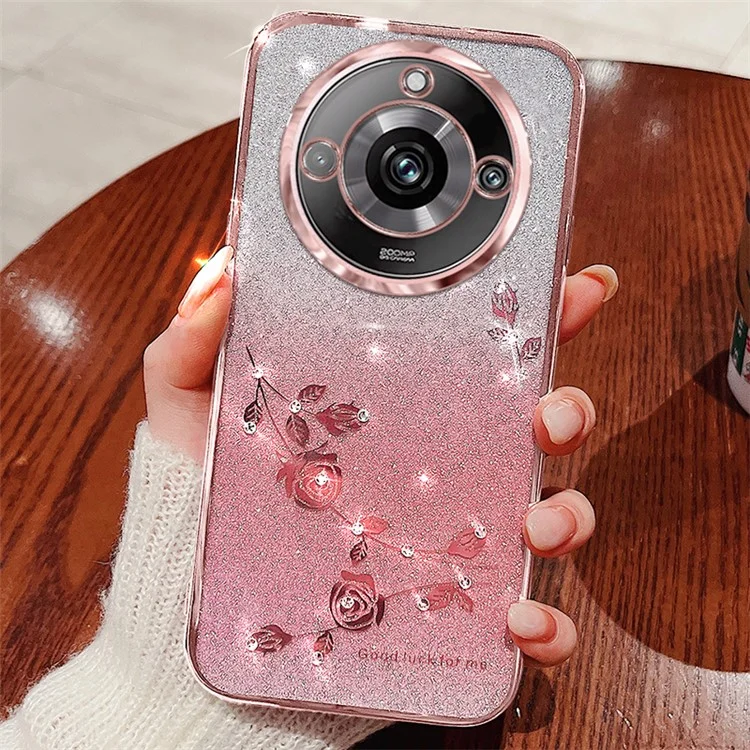KADEM Gradient Phone Case for Realme 11 Pro+ 5G Glitter Rhinestone Flower TPU Cover - Rose Gold