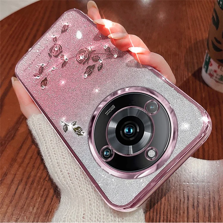KADEM Gradient Phone Case for Realme 11 Pro+ 5G Glitter Rhinestone Flower TPU Cover - Rose Gold