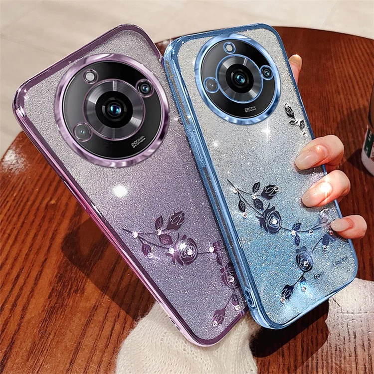 KADEM Gradient Phone Case for Realme 11 Pro+ 5G Glitter Rhinestone Flower TPU Cover - Rose Gold