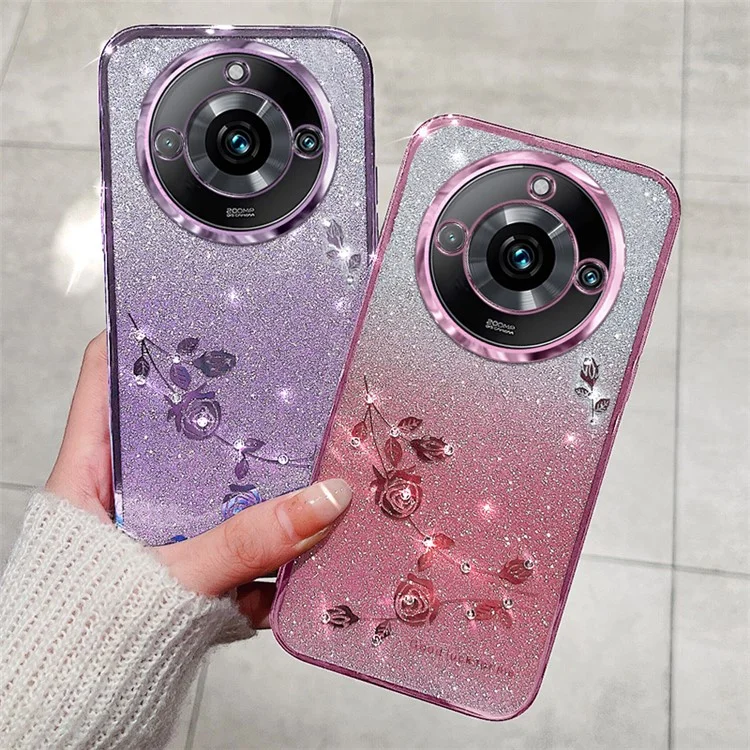 KADEM Gradient Phone Case for Realme 11 Pro+ 5G Glitter Rhinestone Flower TPU Cover - Rose Gold