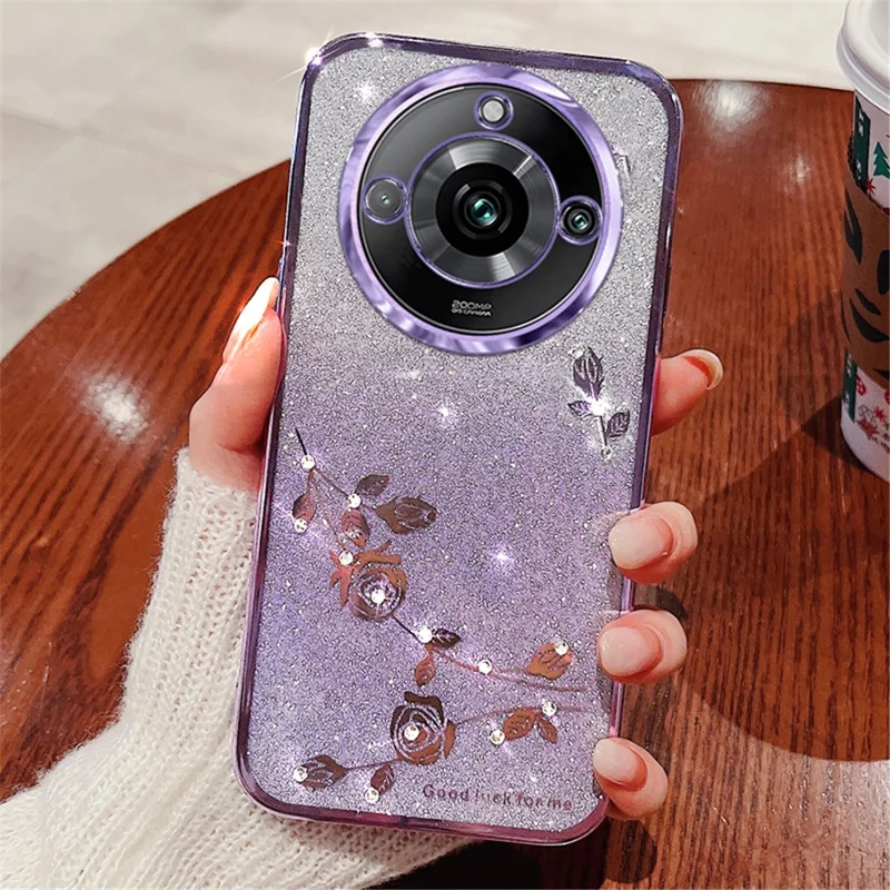 KADEM Gradient Phone Case for Realme 11 Pro+ 5G Glitter Rhinestone Flower TPU Cover - Purple