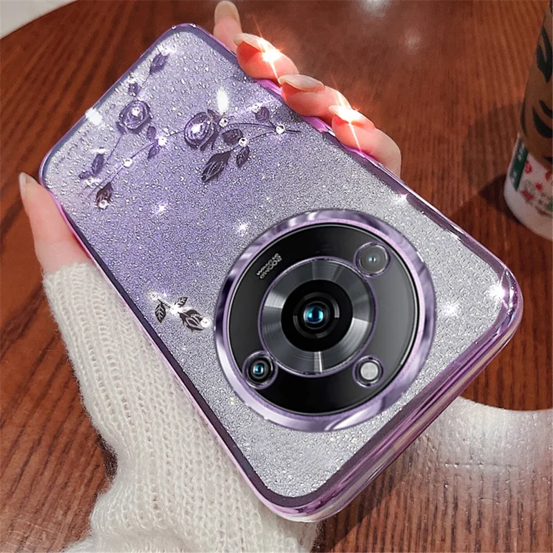KADEM Gradient Phone Case for Realme 11 Pro+ 5G Glitter Rhinestone Flower TPU Cover - Purple