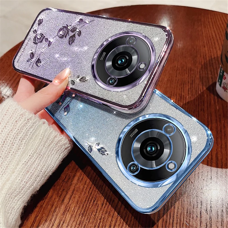 KADEM Gradient Phone Case for Realme 11 Pro+ 5G Glitter Rhinestone Flower TPU Cover - Purple