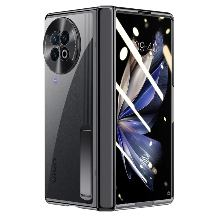 Pour vivo X Fold2 Hinge Protection PC Phone Case Support Electroplaque Housse transparente avec film en verre trempé - Noir