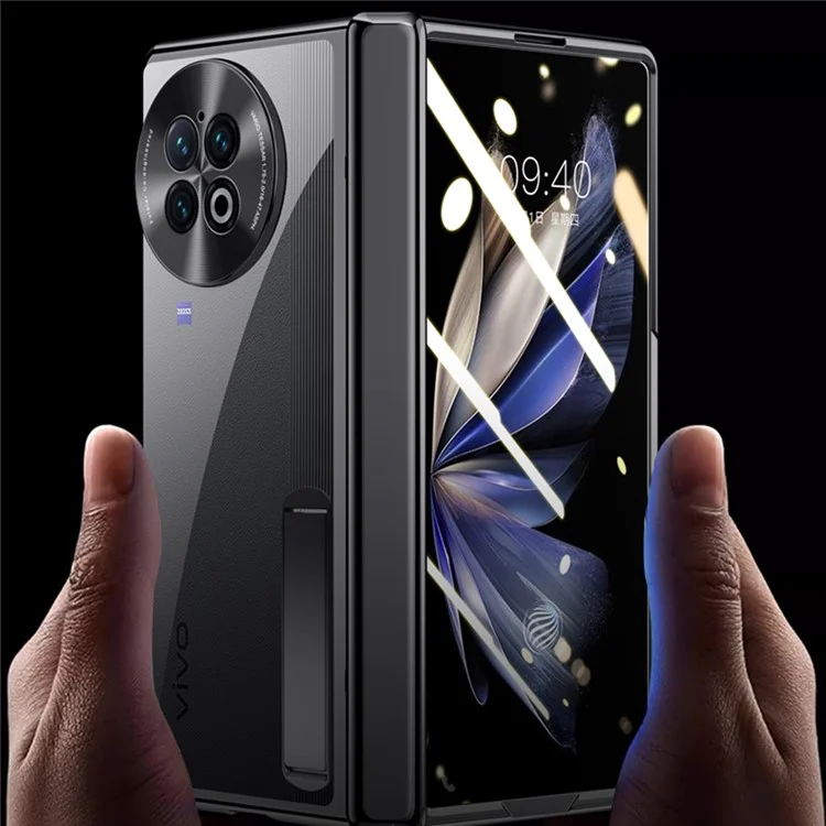 Pour vivo X Fold2 Hinge Protection PC Phone Case Support Electroplaque Housse transparente avec film en verre trempé - Noir