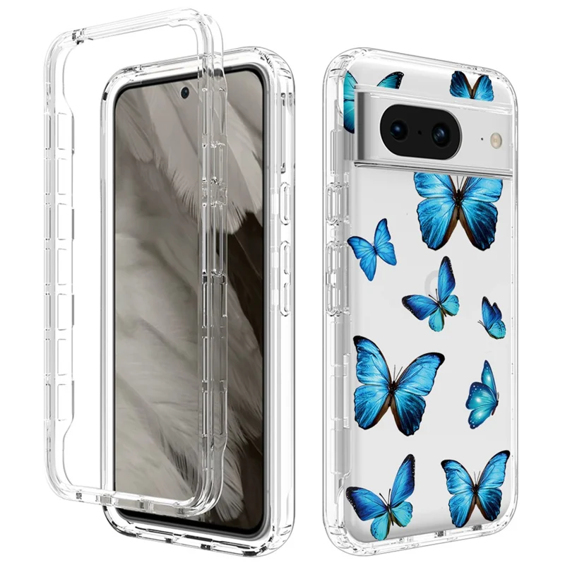 Pattern Printing Clear Phone Case for Google Pixel 8 , PC Frame + TPU Protective Phone Cover - Blue Butterfly