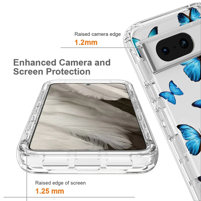Pattern Printing Clear Phone Case for Google Pixel 8 , PC Frame + TPU Protective Phone Cover - Blue Butterfly