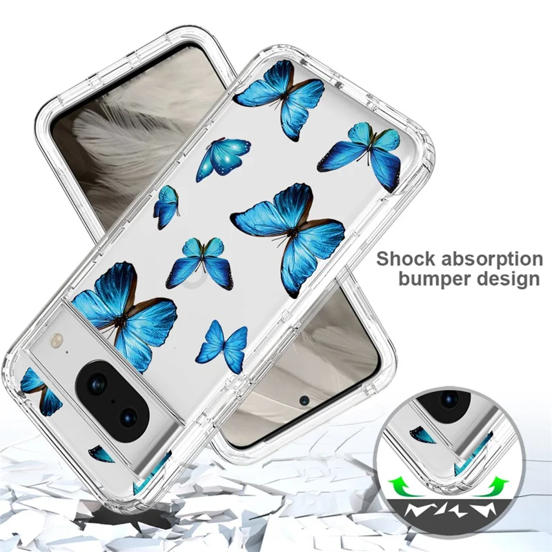 Pattern Printing Clear Phone Case for Google Pixel 8 , PC Frame + TPU Protective Phone Cover - Blue Butterfly