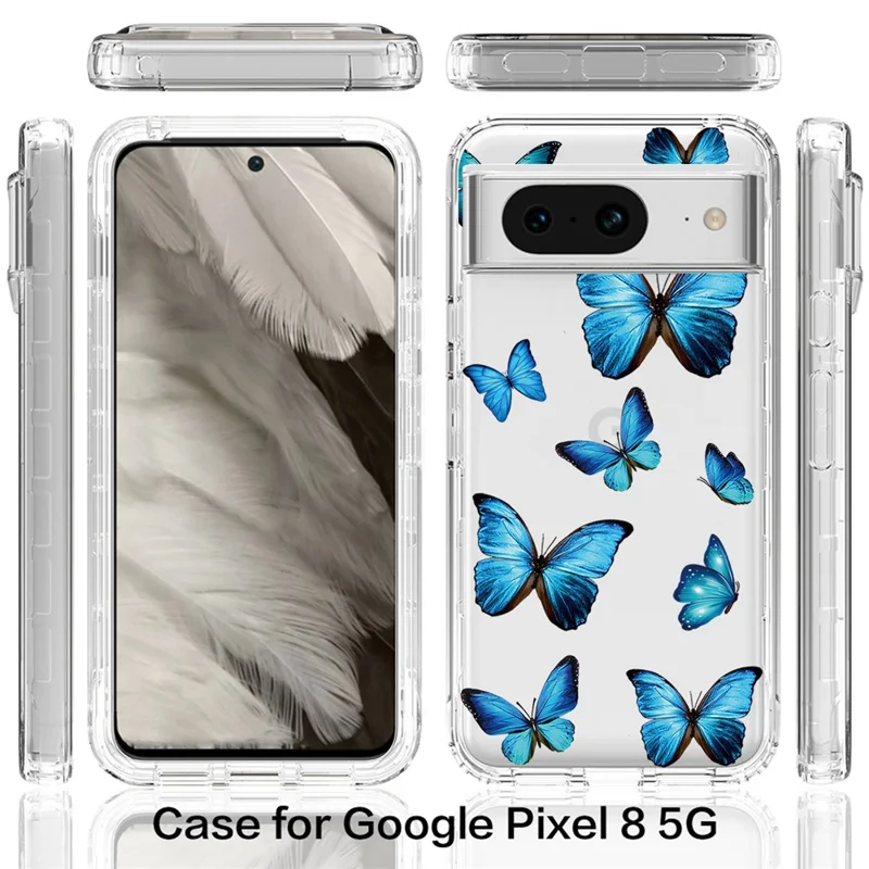 Pattern Printing Clear Phone Case for Google Pixel 8 , PC Frame + TPU Protective Phone Cover - Blue Butterfly