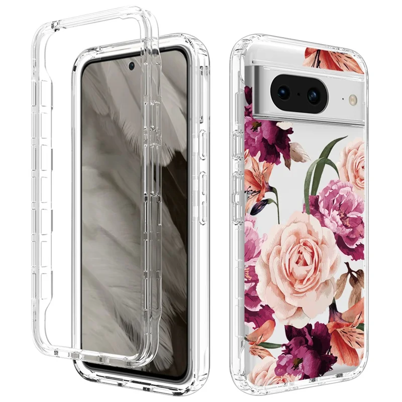 Pattern Printing Clear Phone Case for Google Pixel 8 , PC Frame + TPU Protective Phone Cover - Purple Flower