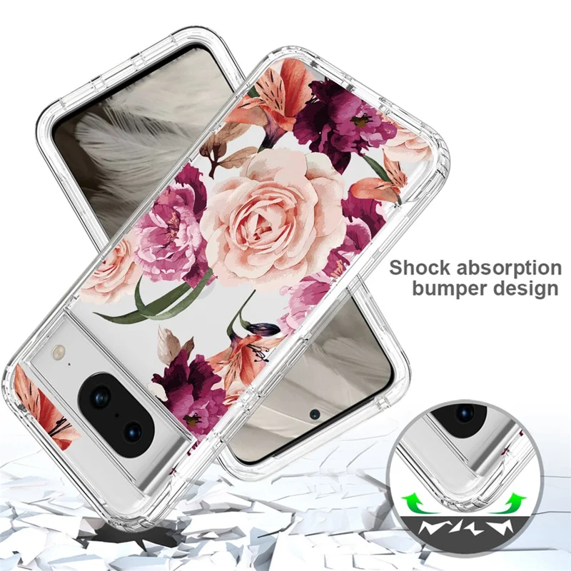 Pattern Printing Clear Phone Case for Google Pixel 8 , PC Frame + TPU Protective Phone Cover - Purple Flower