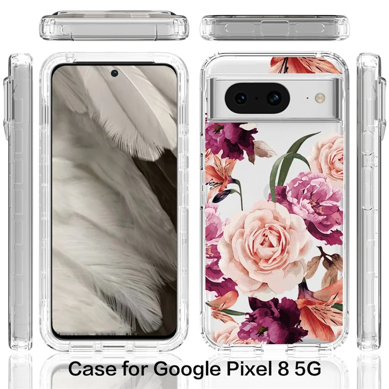 Pattern Printing Clear Phone Case for Google Pixel 8 , PC Frame + TPU Protective Phone Cover - Purple Flower