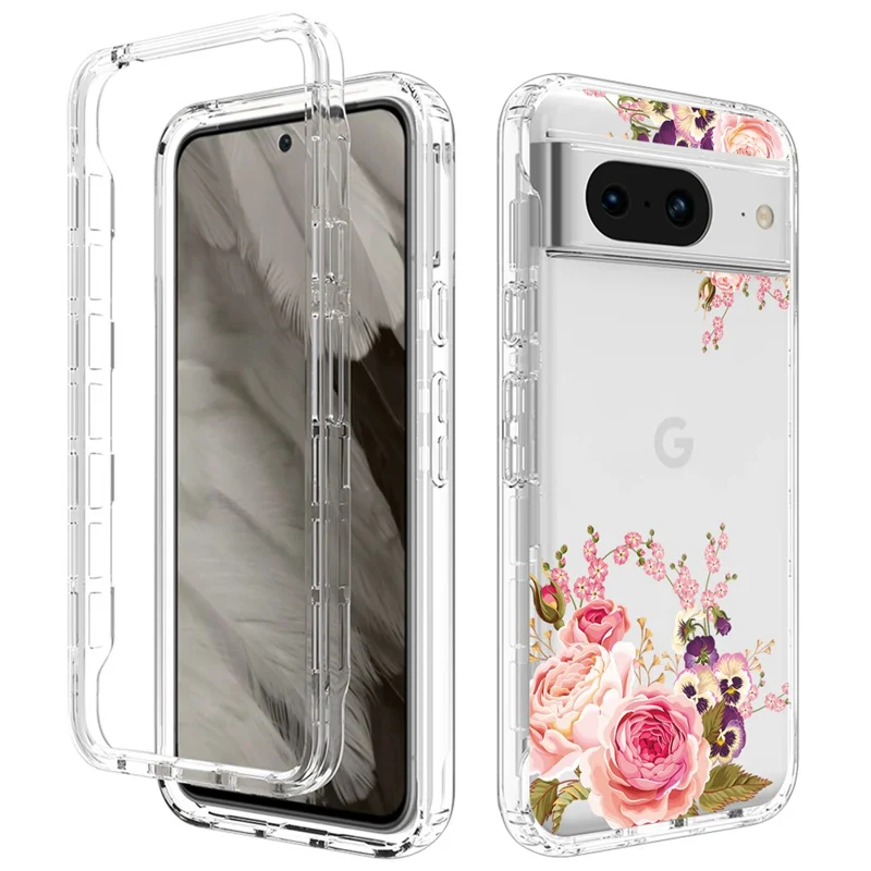 Pattern Printing Clear Phone Case for Google Pixel 8 , PC Frame + TPU Protective Phone Cover - Rose Flower