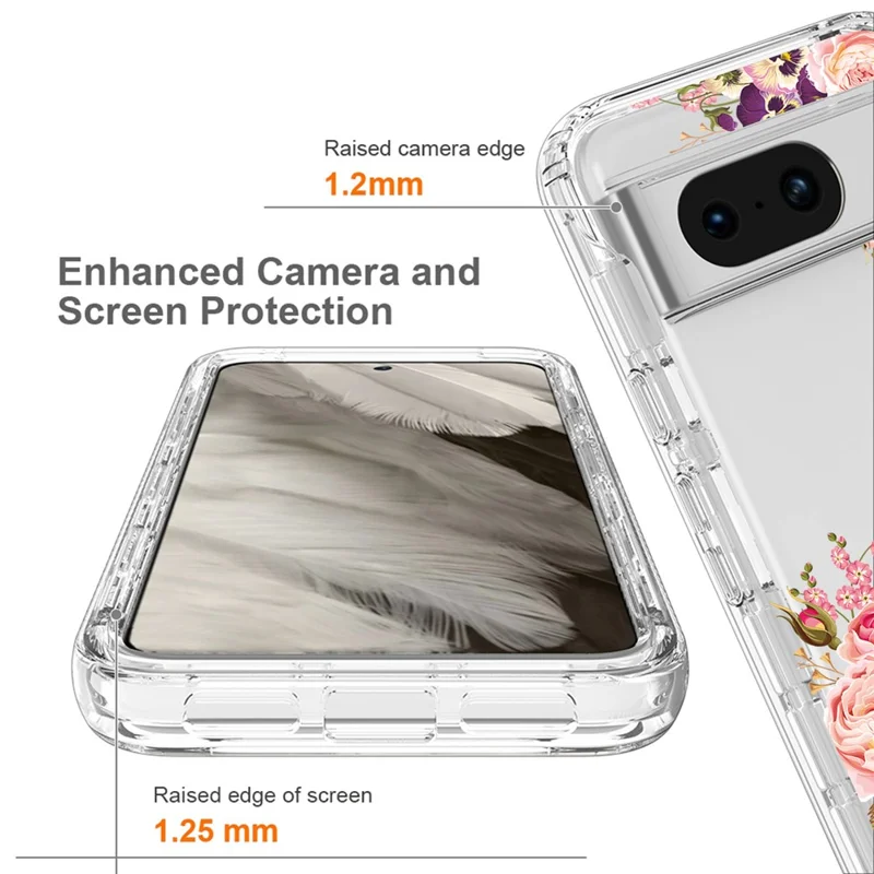 Pattern Printing Clear Phone Case for Google Pixel 8 , PC Frame + TPU Protective Phone Cover - Rose Flower