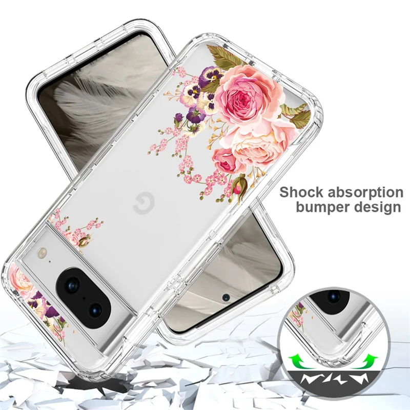 Pattern Printing Clear Phone Case for Google Pixel 8 , PC Frame + TPU Protective Phone Cover - Rose Flower