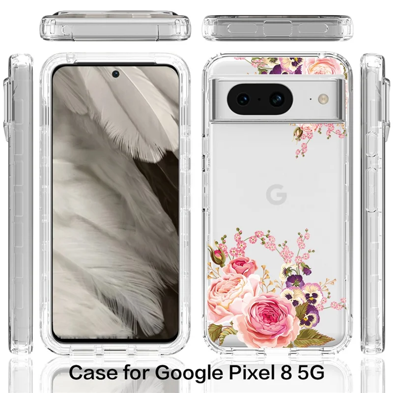 Pattern Printing Clear Phone Case for Google Pixel 8 , PC Frame + TPU Protective Phone Cover - Rose Flower