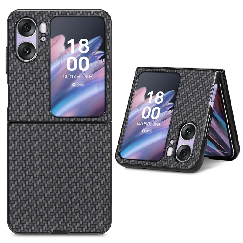 PU Leather Coated PC Cover for Oppo Find N2 Flip 5G Carbon Fiber Texture Protective Phone Case - Black