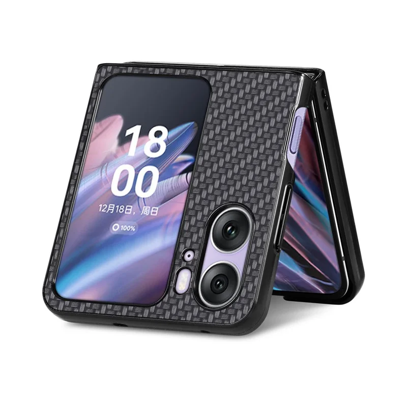 PU Leather Coated PC Cover for Oppo Find N2 Flip 5G Carbon Fiber Texture Protective Phone Case - Black