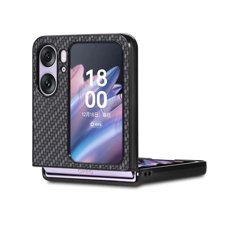 PU Leather Coated PC Cover for Oppo Find N2 Flip 5G Carbon Fiber Texture Protective Phone Case - Black