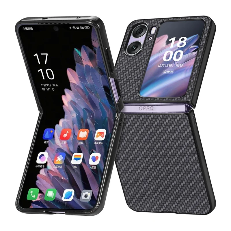 PU Leather Coated PC Cover for Oppo Find N2 Flip 5G Carbon Fiber Texture Protective Phone Case - Black