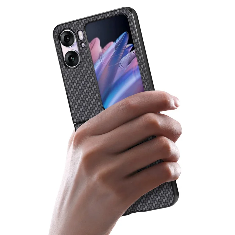 PU Leather Coated PC Cover for Oppo Find N2 Flip 5G Carbon Fiber Texture Protective Phone Case - Black