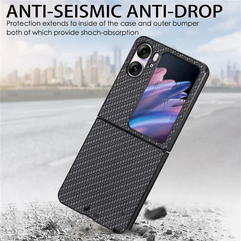 PU Leather Coated PC Cover for Oppo Find N2 Flip 5G Carbon Fiber Texture Protective Phone Case - Black