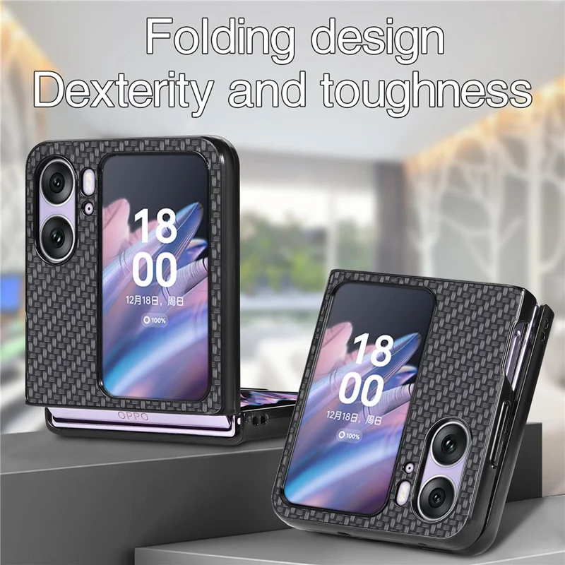 PU Leather Coated PC Cover for Oppo Find N2 Flip 5G Carbon Fiber Texture Protective Phone Case - Black