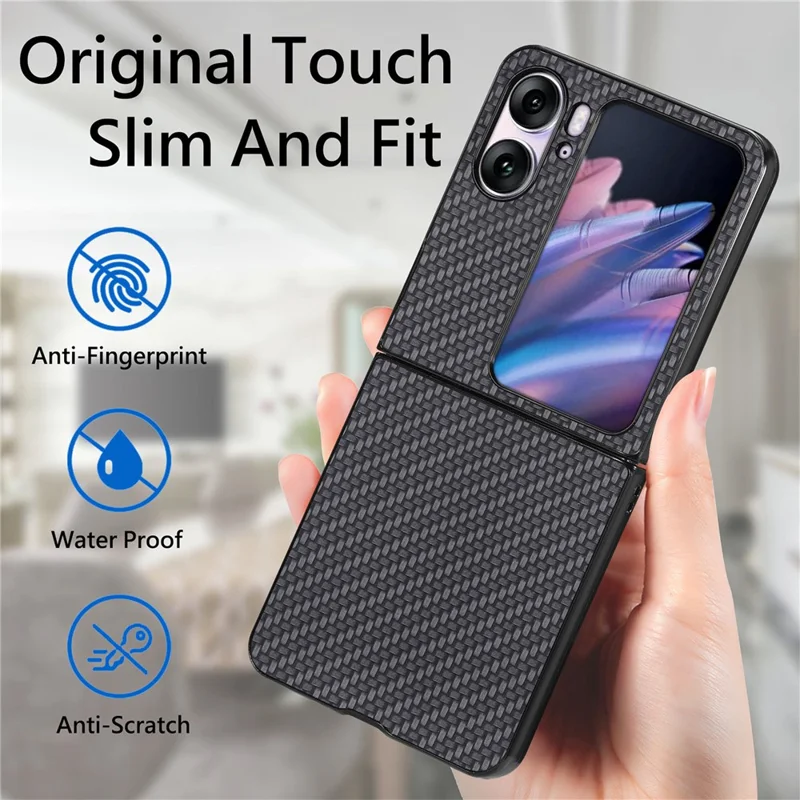PU Leather Coated PC Cover for Oppo Find N2 Flip 5G Carbon Fiber Texture Protective Phone Case - Black