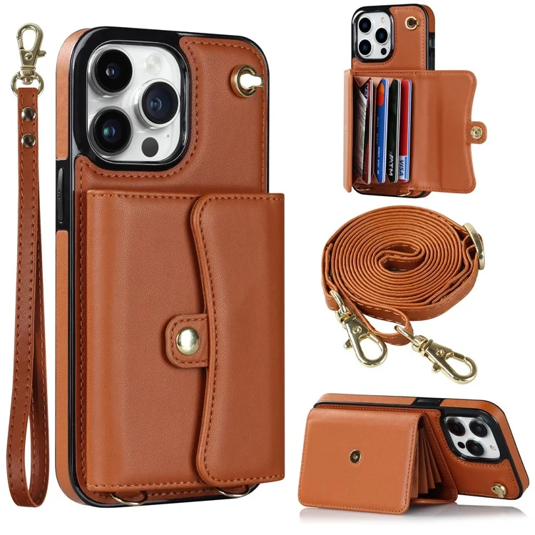 Per iPhone 12 / 12 Pro PU Leather+TPU Phone Case Card Slots RFID Blocking Kickstand Cover with Short +Long Straps - Marrone