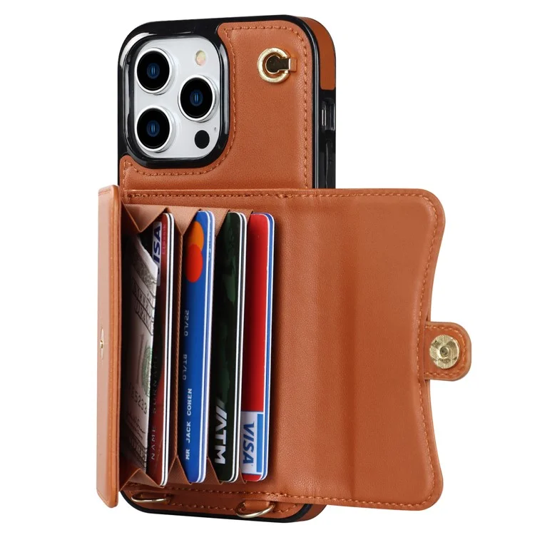 Per iPhone 12 / 12 Pro PU Leather+TPU Phone Case Card Slots RFID Blocking Kickstand Cover with Short +Long Straps - Marrone